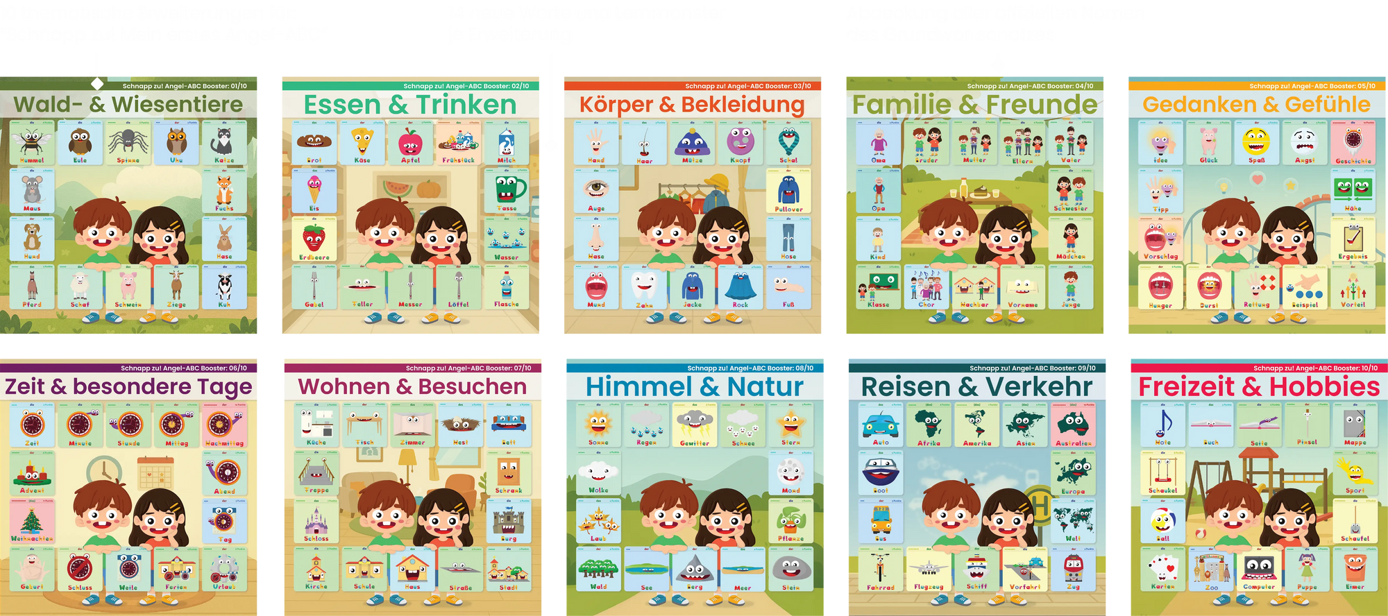 Übersicht: 10 Booster für ‚Schnapp zu! Mein erstes Angel-ABC‘ – Wald & Wiese, Essen & Trinken, Körper & Kleidung, Familie & Freunde, Gedanken & Gefühle, Zeit, Wohnen, Himmel & Natur, Reisen & Verkehr, Freizeit & Hobbys.